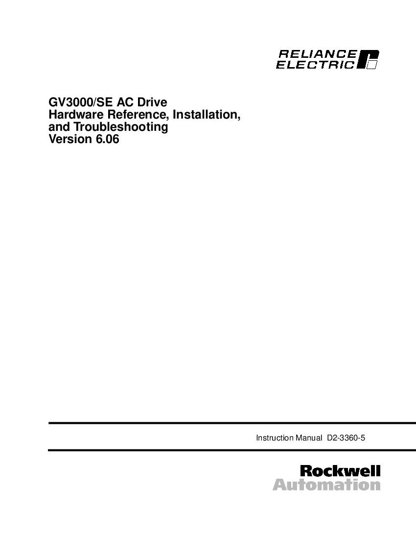 First Page Image of GV3000U-AC004-AF-DBT GV3000 SE AC Drive Hardware Reference, Installation, and Troubleshooting Guide D2-3360-5.pdf